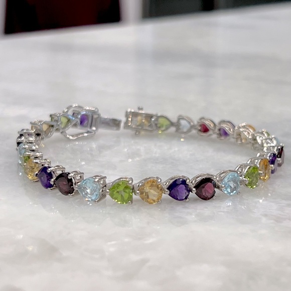 Multigemstone Sterling Silver Heart Tennis Bracelet - Picture 4 of 15
